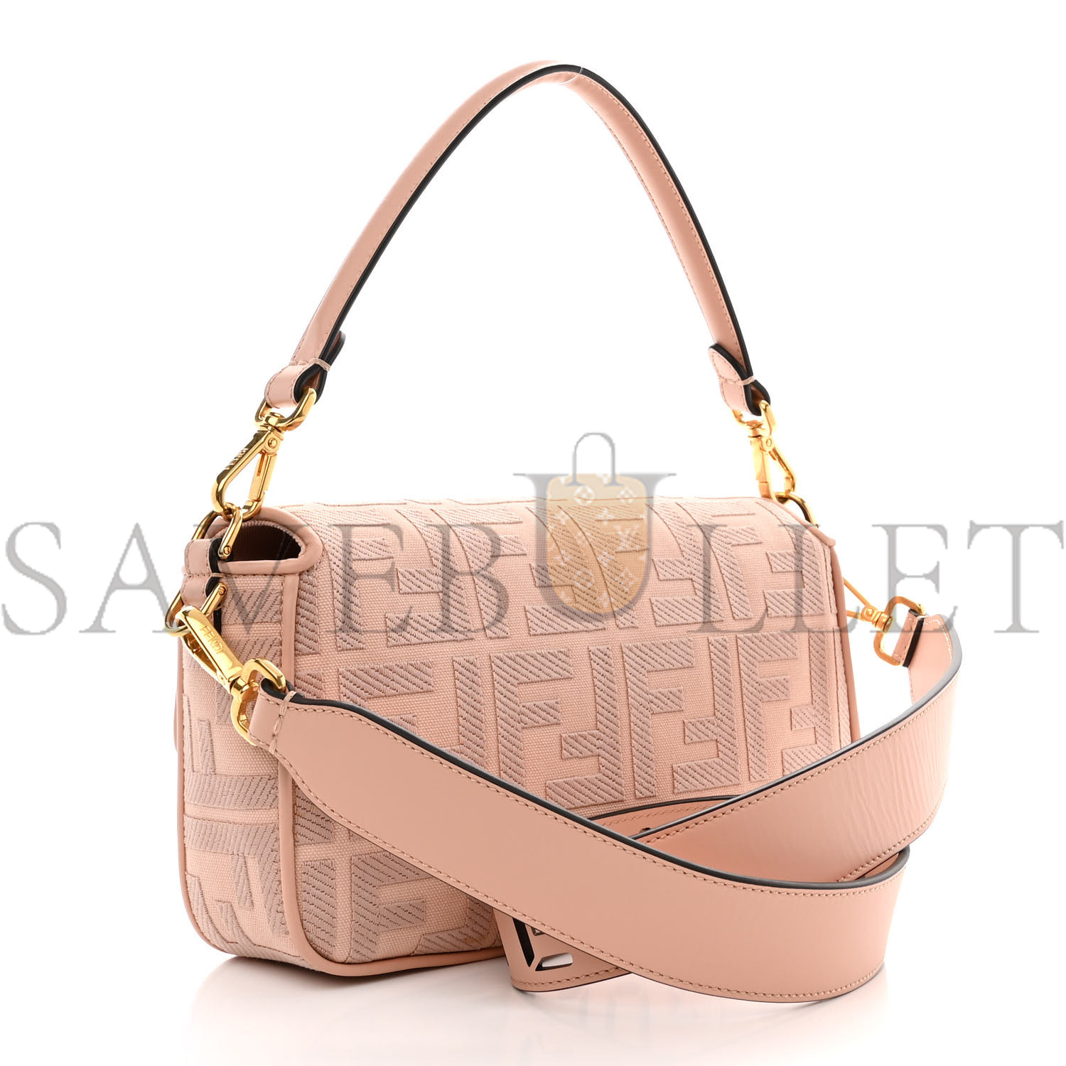 FENDI CANVAS VITELLO KING EXTRA STRAP FF EMBROIDERED BAGUETTE BABY PINK (27*15*6cm)