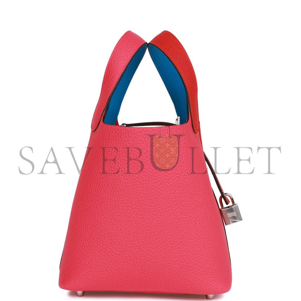 HERMES PICOTIN LOCK 18 CASAQUE ROUGE DE COEUR, ROSE EXTREME AND BLEU ZANZIBAR CLEMENCE PALLADIUM HARDWARE (18*13*18cm)