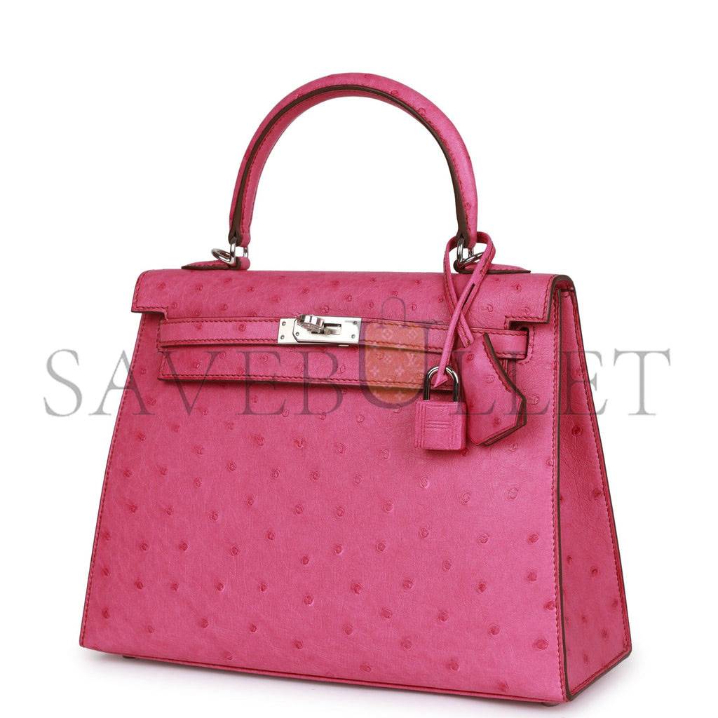 HERMES KELLY SELLIER 25 FUCHSIA OSTRICH PALLADIUM HARDWARE (25*17*7cm)