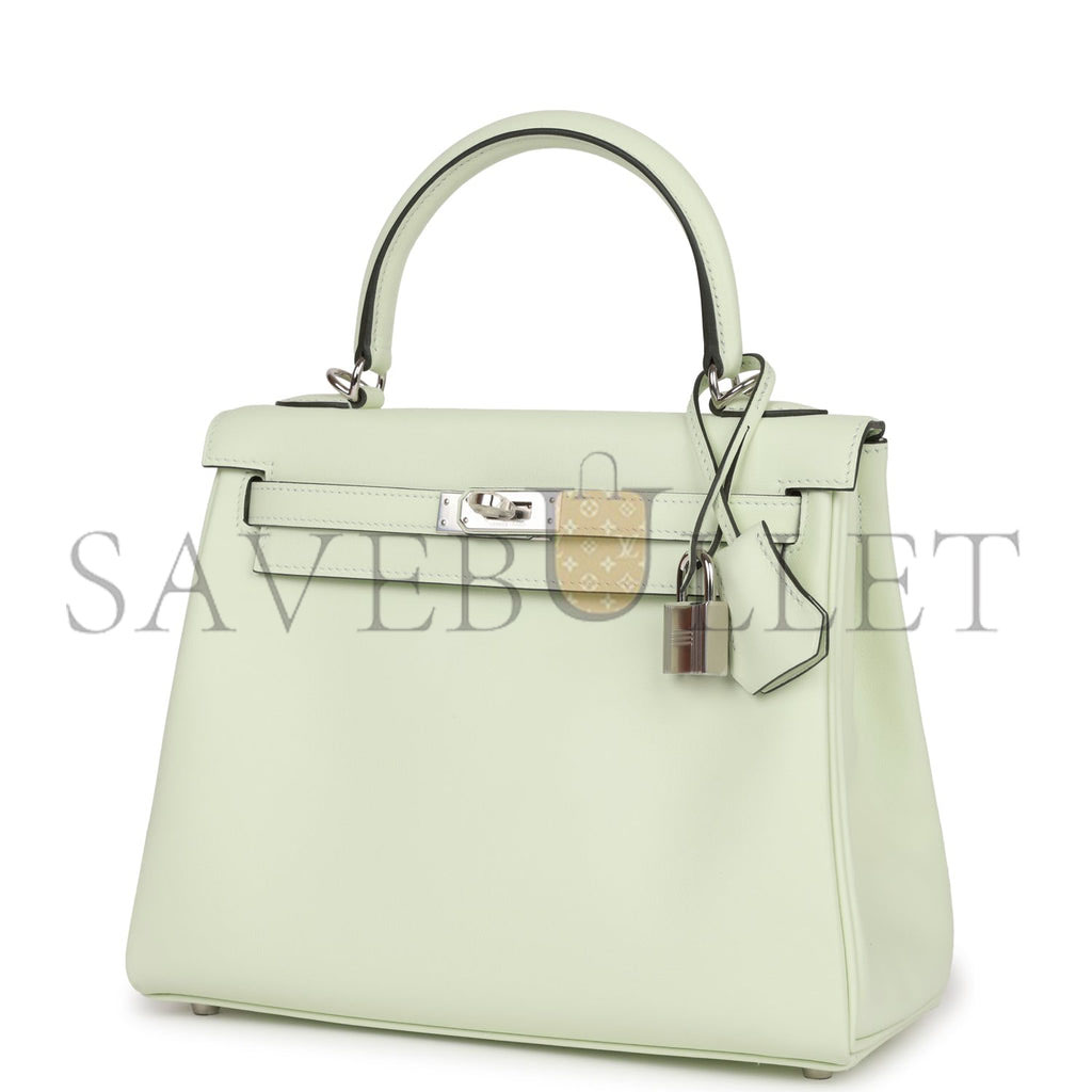 HERMES KELLY RETOURNE 25 VERT FIZZ SWIFT PALLADIUM HARDWARE HANDMADE (25*17*7cm)