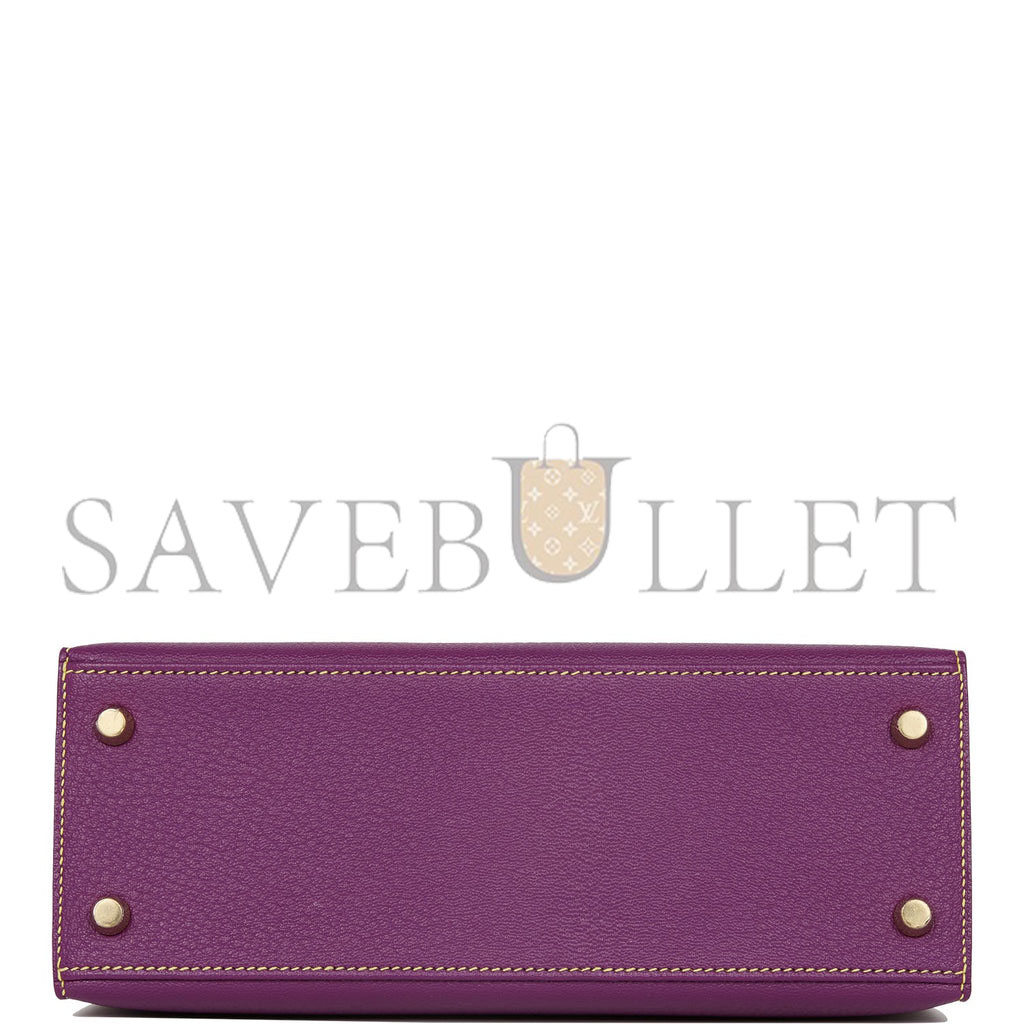 HERMES SPECIAL ORDER (HSS) KELLY SELLIER 25 ANEMONE AND LIME CHEVRE BRUSHED GOLD HARDWARE HANDMADE (25*17*7)