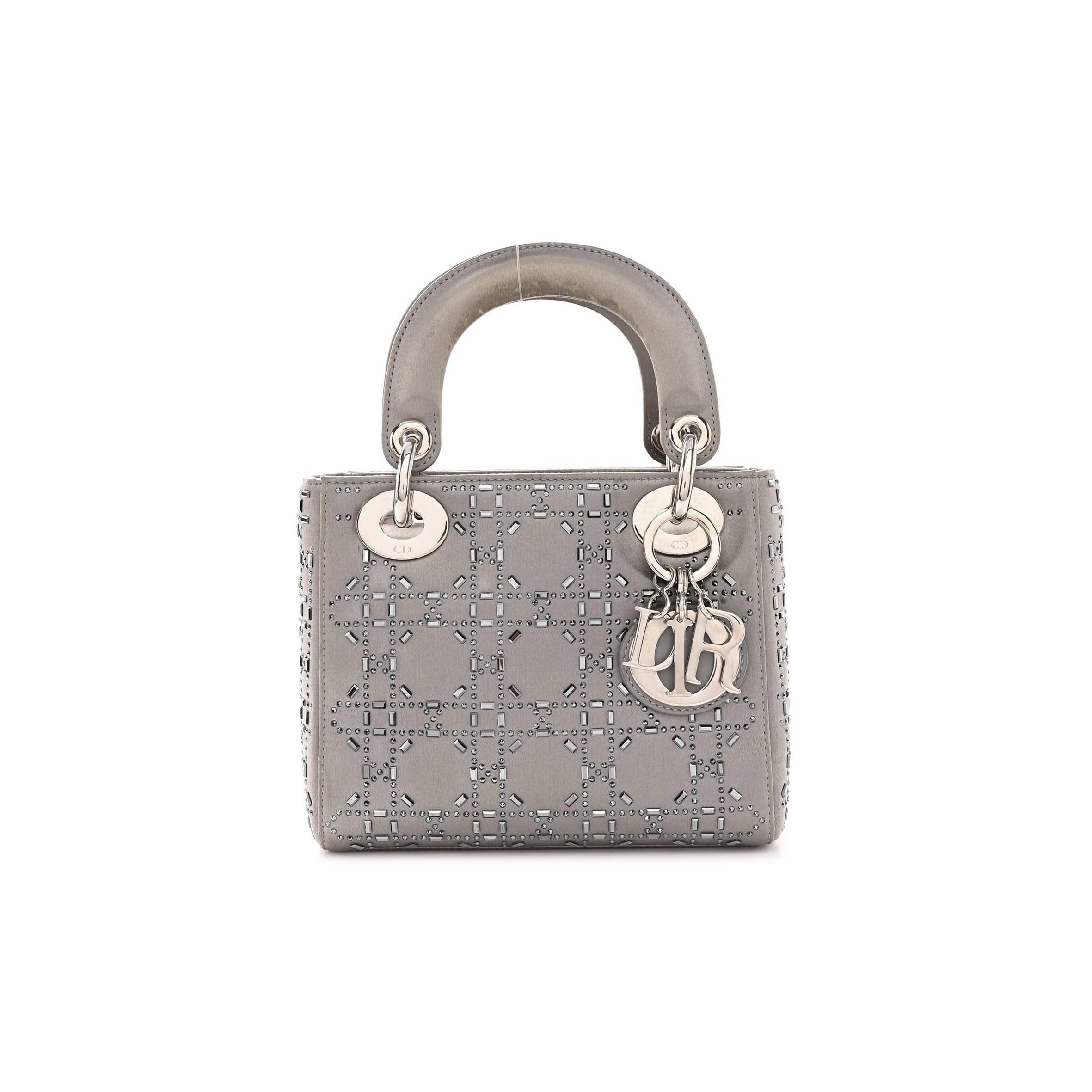 DIOR SATIN CRYSTAL CANNAGE MINI LADY DIOR GRAY (17*15*7cm)