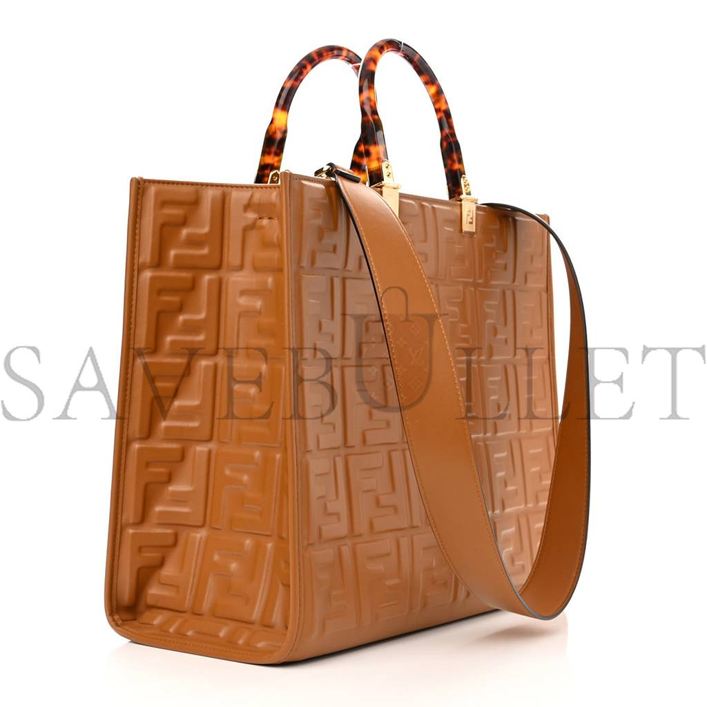 FENDI VITELLO PLEXIGLASS FF EMBOSSED MEDIUM FENDI SUNSHINE SHOPPER TOTE CARAMELLO (35*31*17cm)